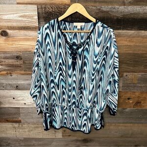 Michael Kors Poncho Tunic Top Size XL Black Turquoise White Career Top EUC